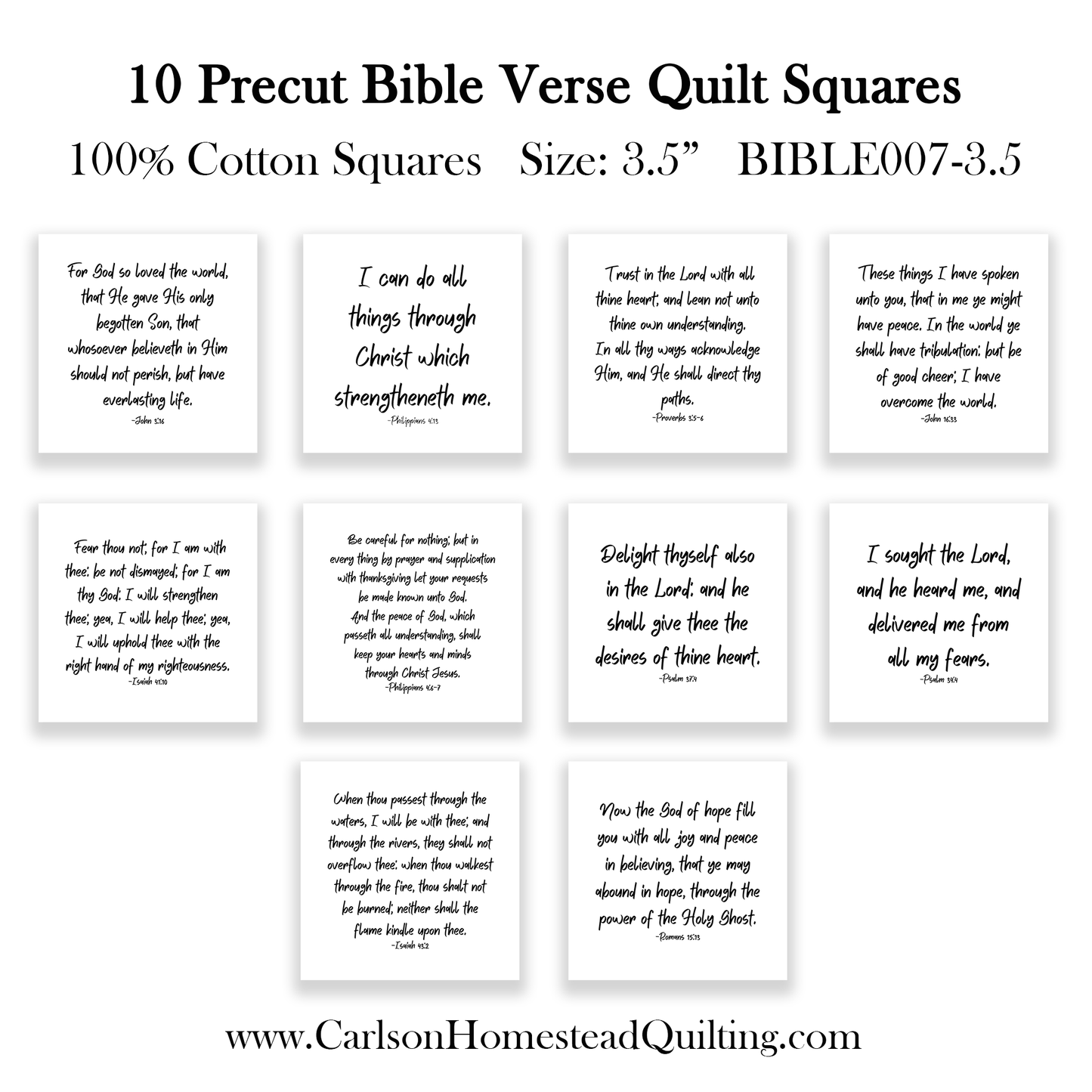 Bible Verse Fabric Charm Pack – Set of 10 Precut Quilt Squares | KJV Scripture on White Cotton
