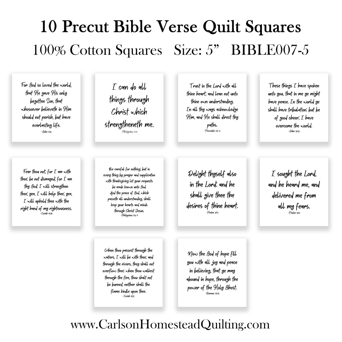 Bible Verse Fabric Charm Pack – Set of 10 Precut Quilt Squares | KJV Scripture on White Cotton