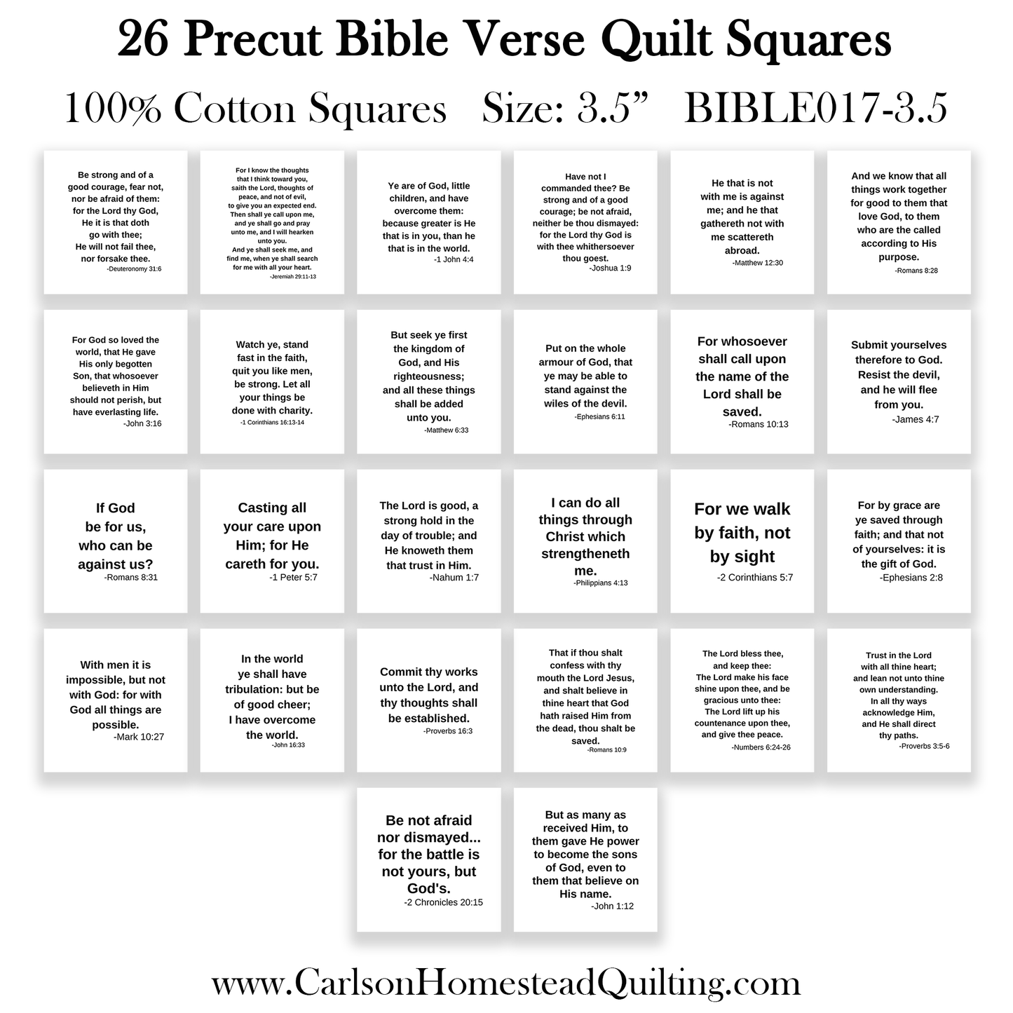 KJV Bible Verse Precut Quilt Squares – Set of 26 | Fabric Charm Pack on White Cotton
