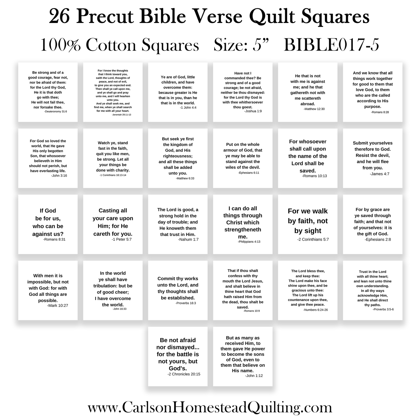 KJV Bible Verse Precut Quilt Squares – Set of 26 | Fabric Charm Pack on White Cotton