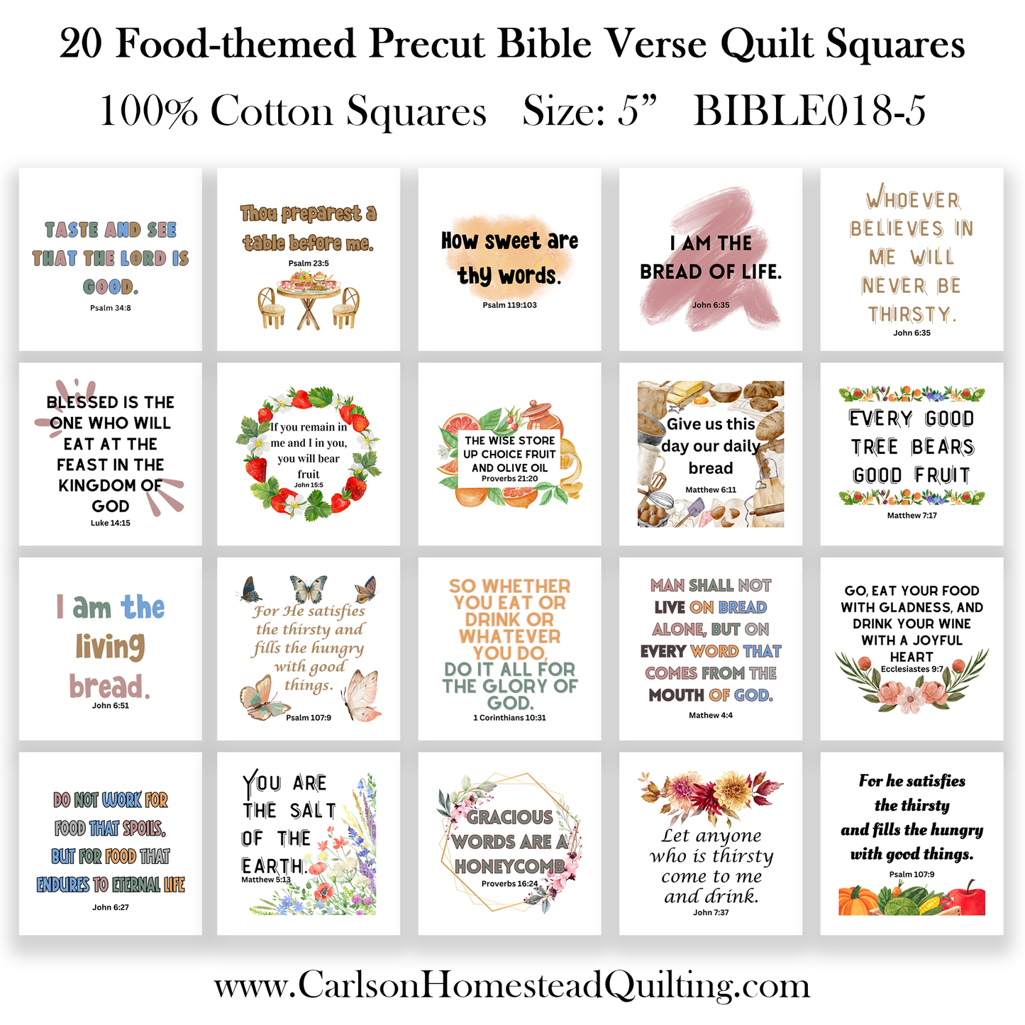 Set of 20 Food-Themed Bible Verse Quilt Squares
