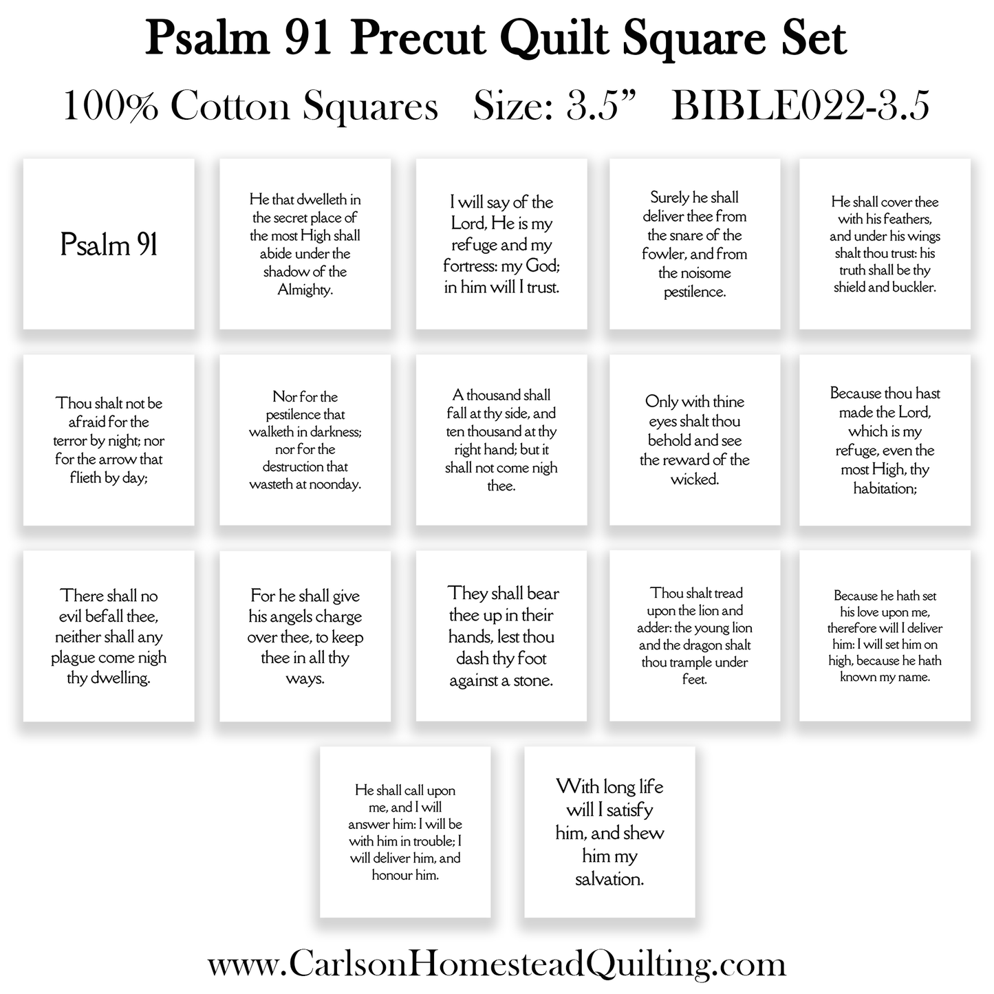 Psalm 91 KJV Precut Quilt Squares – Fabric Charm Pack on White Cotton | Bible Verse Quilt Blocks