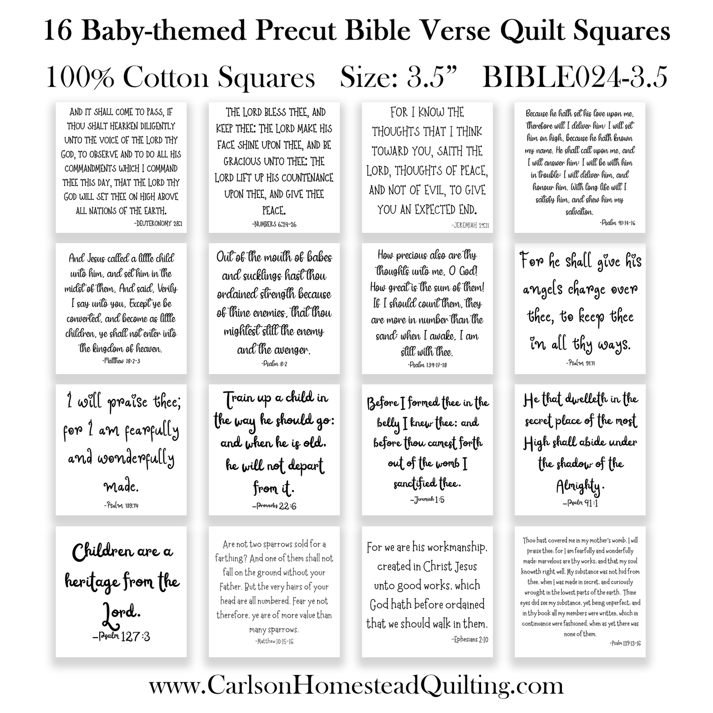16 Precut Baby-Themed Bible Verse Quilt Squares - Fabric Charm Pack