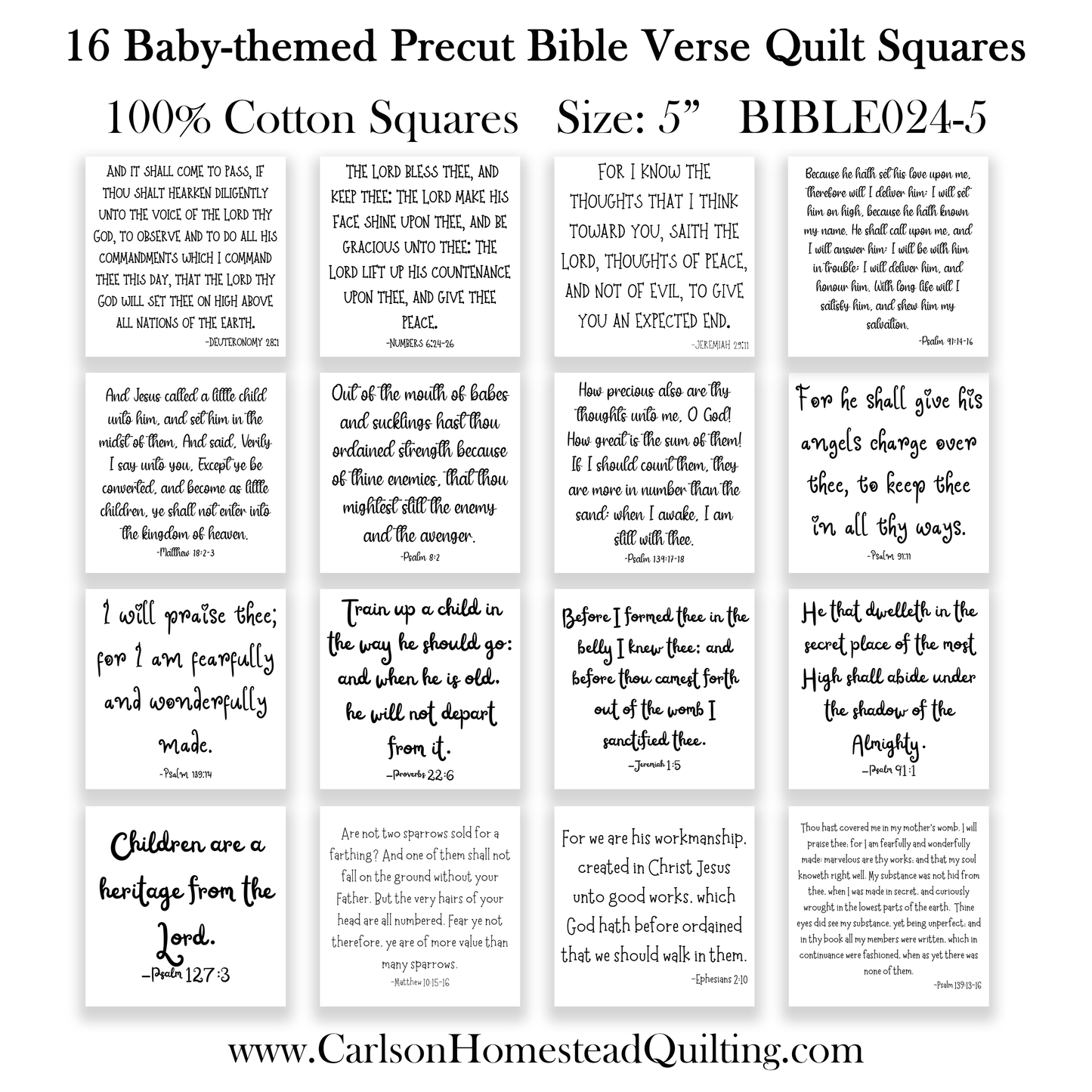 16 Precut Baby-Themed Bible Verse Quilt Squares - Fabric Charm Pack