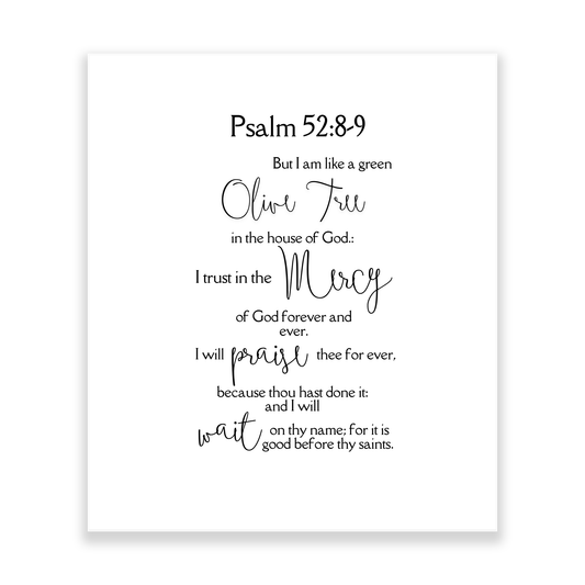 Psalm 52:8-9 KJV Precut Cotton Quilt Panel – Inspirational Fabric for Quilting & Crafts | White Cotton | 11.5" x 14"