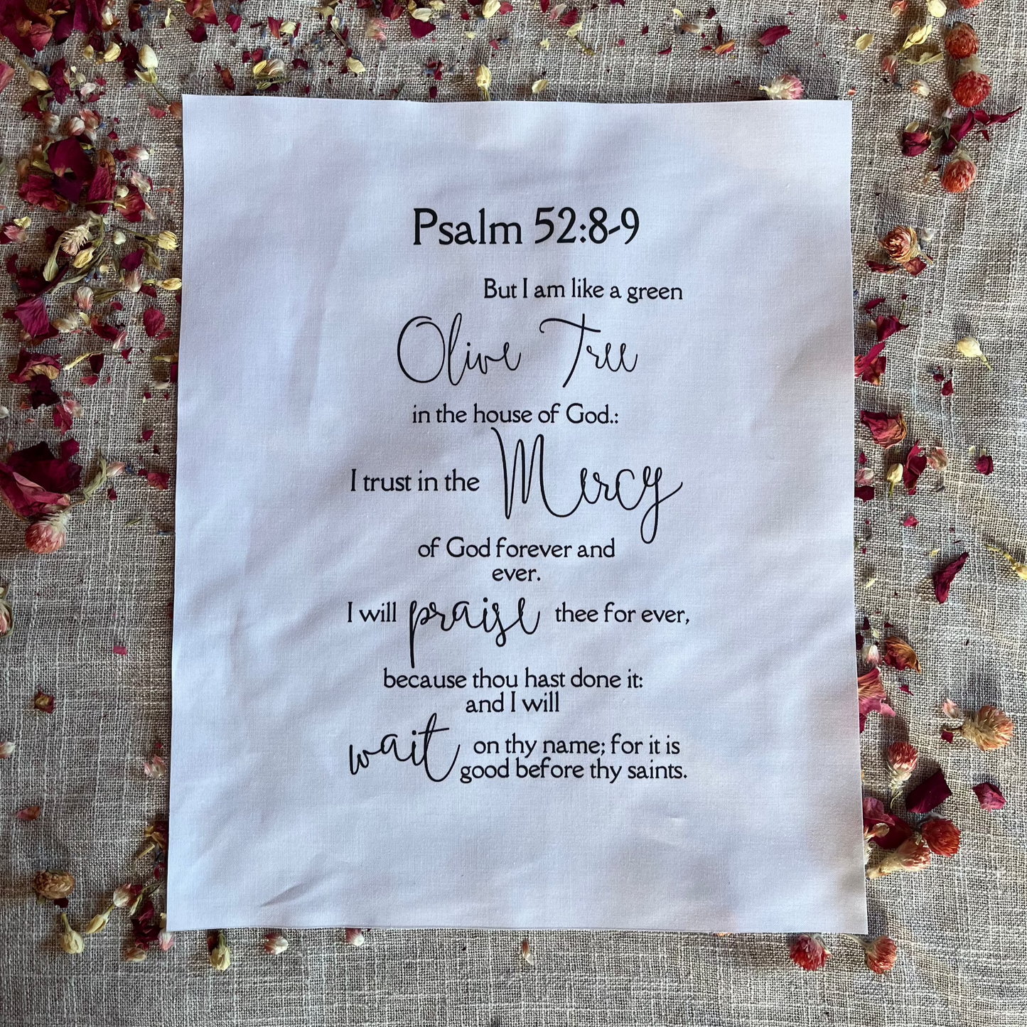 Psalm 52:8-9 KJV Precut Cotton Quilt Panel – Inspirational Fabric for Quilting & Crafts | White Cotton | 11.5" x 14"