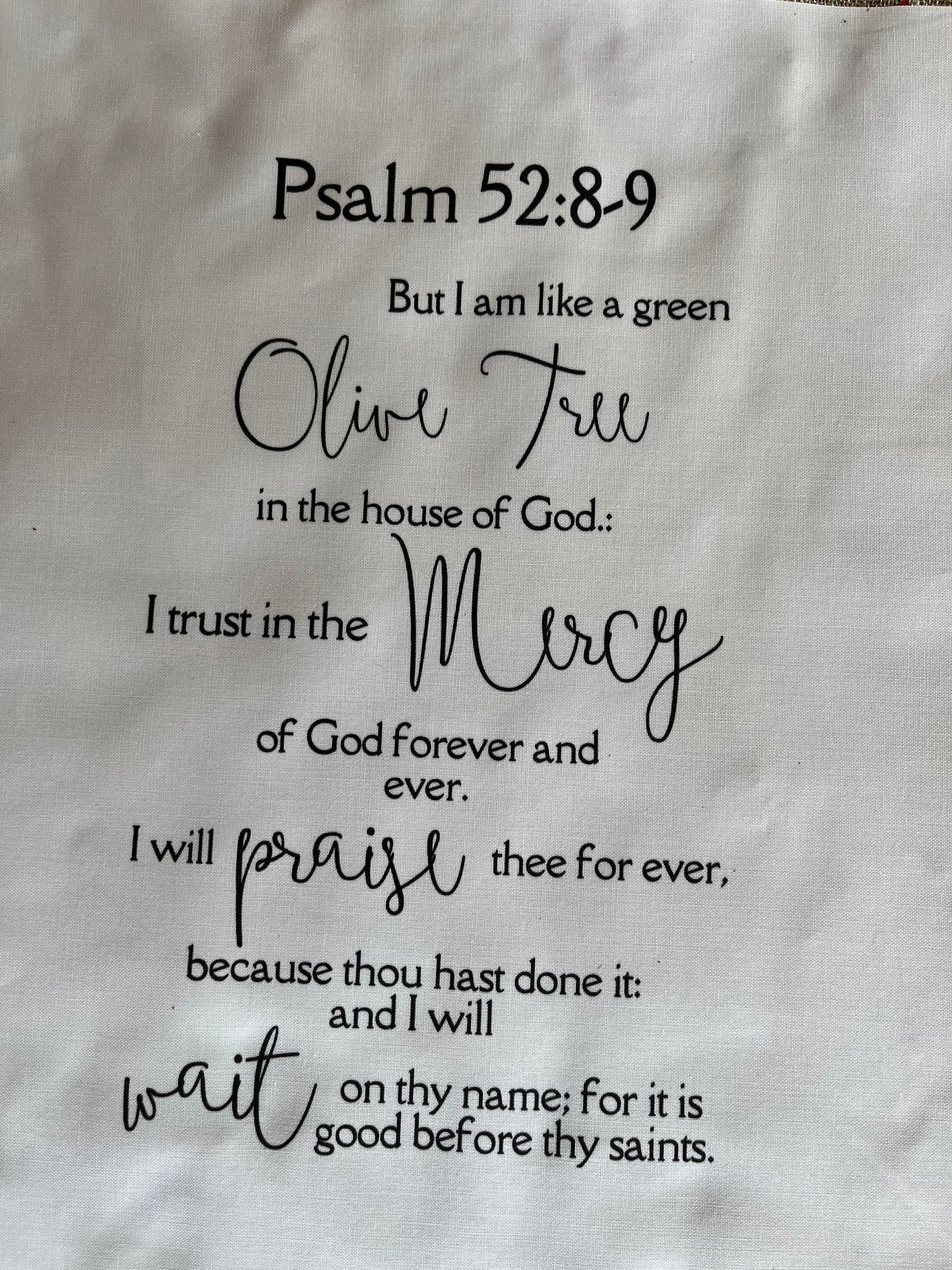 Psalm 52:8-9 KJV Precut Cotton Quilt Panel – Inspirational Fabric for Quilting & Crafts | White Cotton | 11.5" x 14"