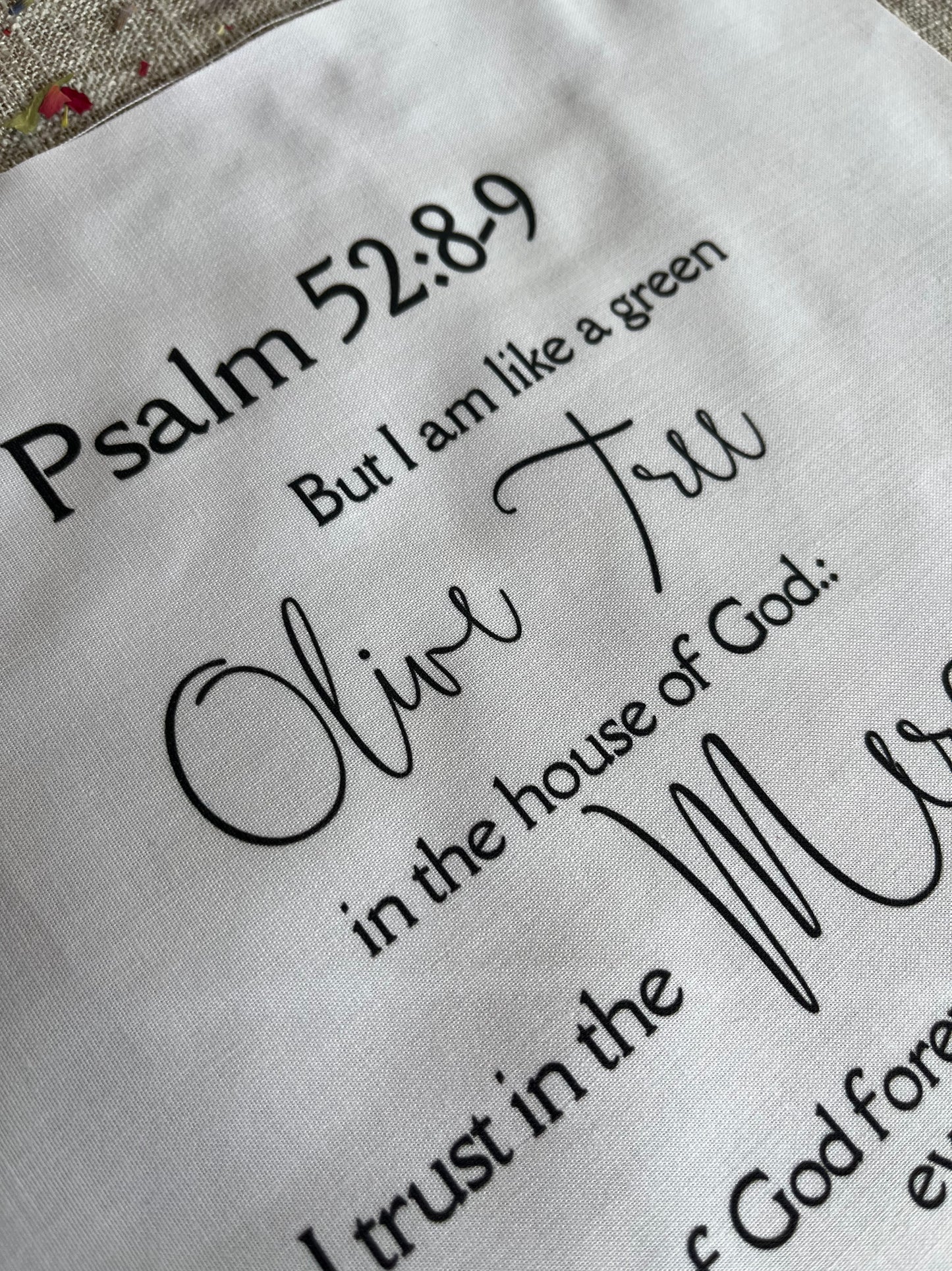 Psalm 52:8-9 KJV Precut Cotton Quilt Panel – Inspirational Fabric for Quilting & Crafts | White Cotton | 11.5" x 14"