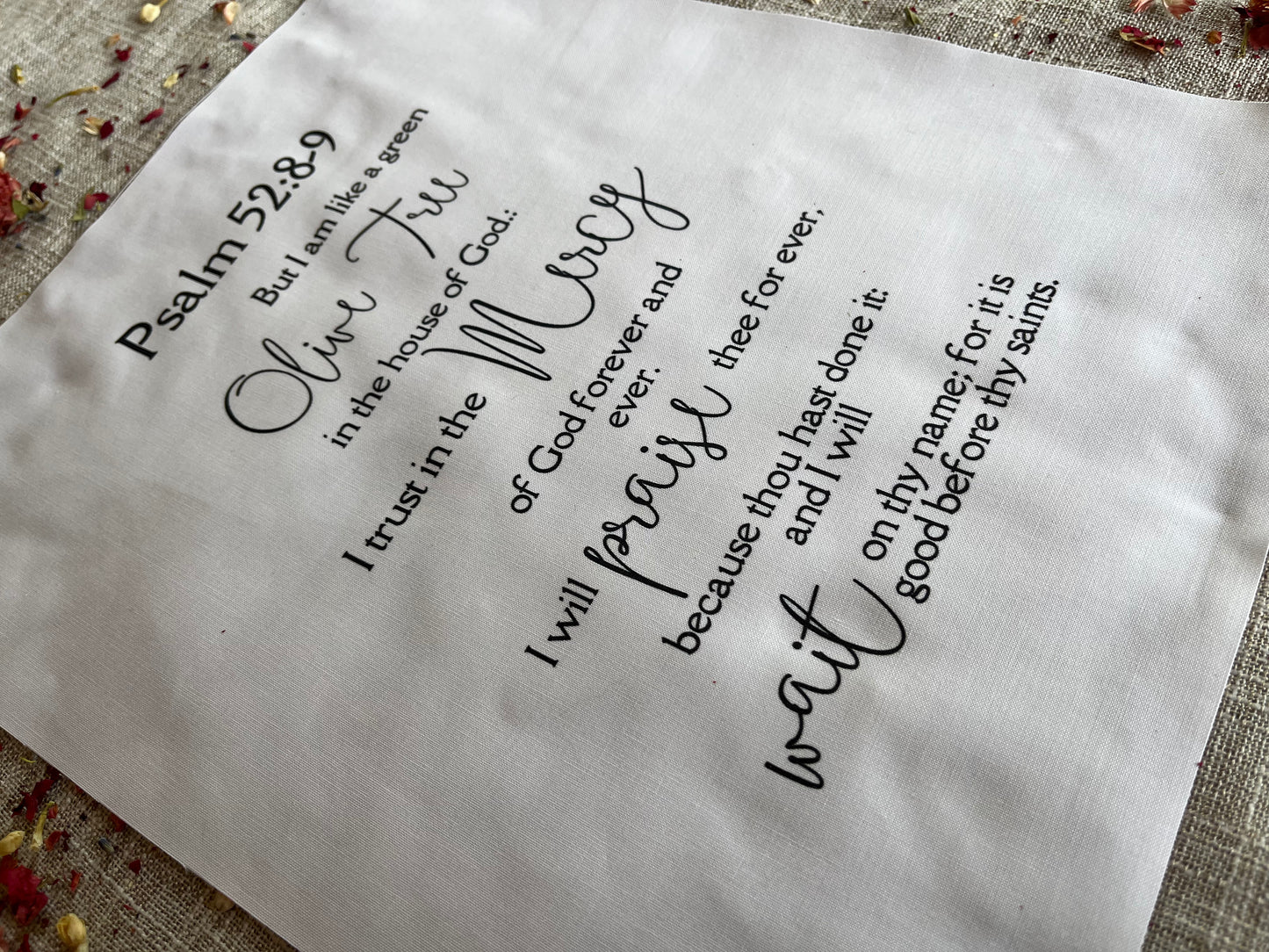 Psalm 52:8-9 KJV Precut Cotton Quilt Panel – Inspirational Fabric for Quilting & Crafts | White Cotton | 11.5" x 14"
