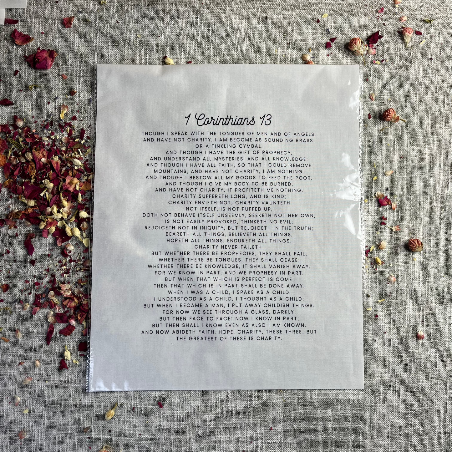 1 Corinthians 13 KJV Precut Cotton Quilt Panel – Inspirational Fabric for Quilting & Crafts | White Kona Cotton | 11.5" x 14"