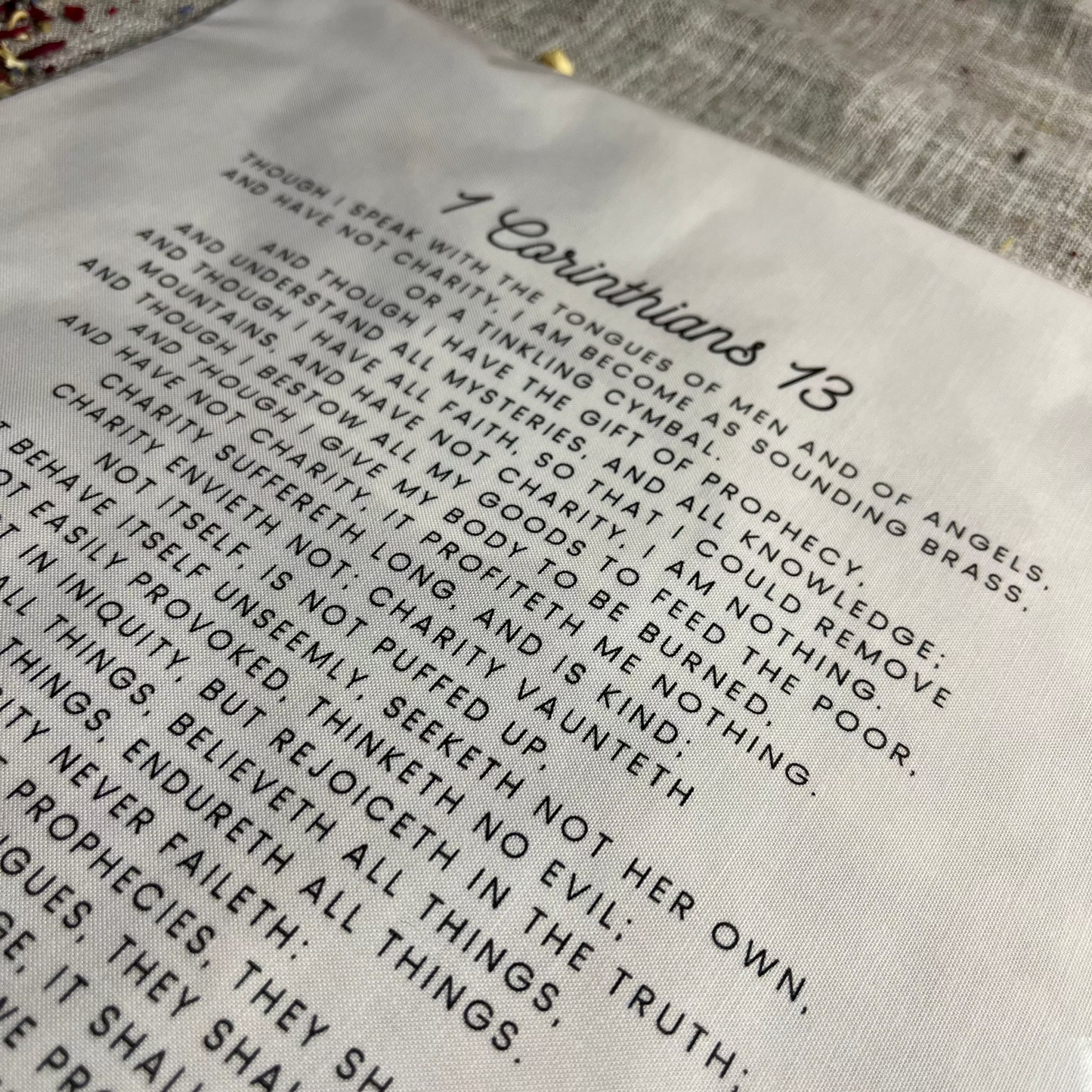 1 Corinthians 13 KJV Precut Cotton Quilt Panel – Inspirational Fabric for Quilting & Crafts | White Cotton | 11.5" x 14"