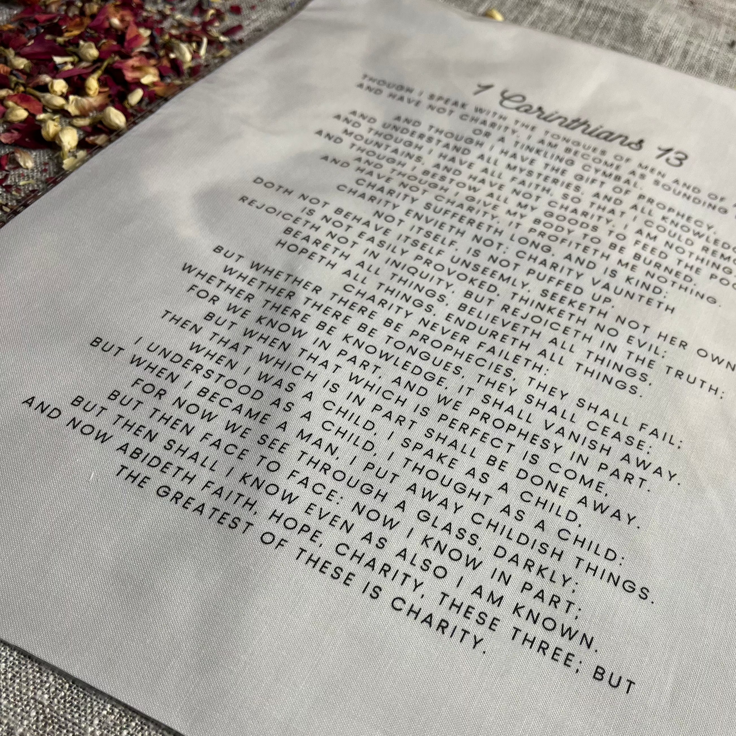 1 Corinthians 13 KJV Precut Cotton Quilt Panel – Inspirational Fabric for Quilting & Crafts | White Kona Cotton | 11.5" x 14"