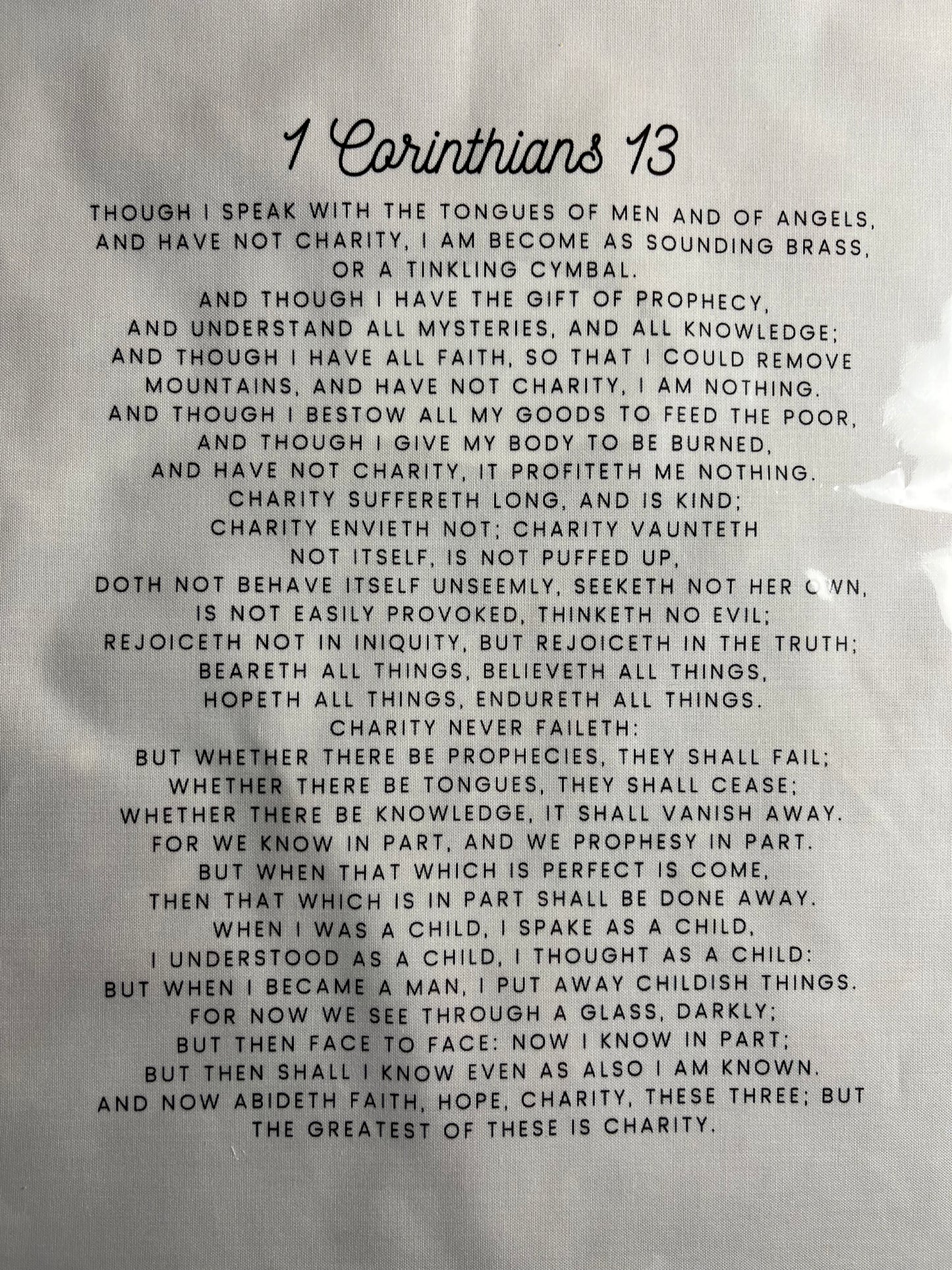 1 Corinthians 13 KJV Precut Cotton Quilt Panel – Inspirational Fabric for Quilting & Crafts | White Kona Cotton | 11.5" x 14"