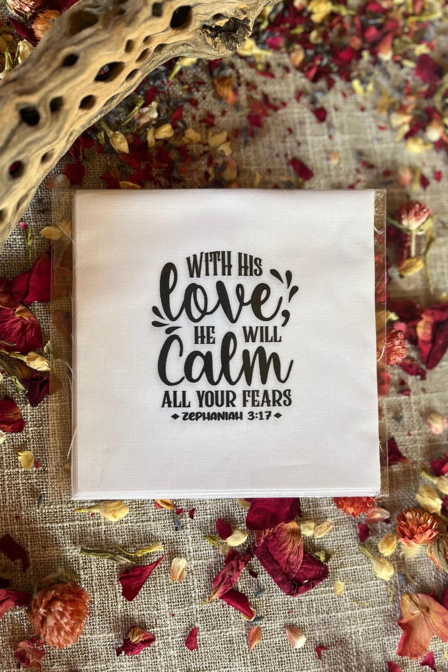 Precut Bible Quilt Square - With His Love, He Will Calm All Your Fears, Zephaniah 3:17