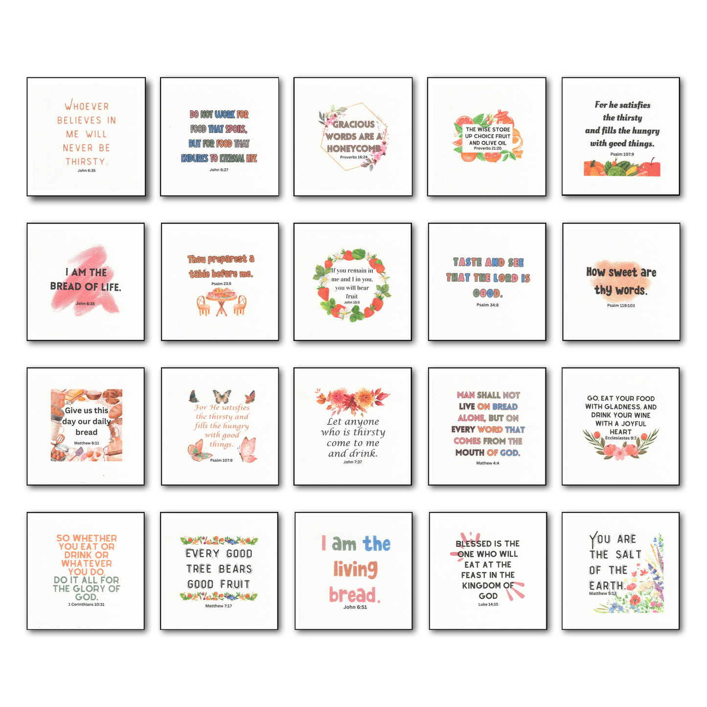 Set of 20 Food-Themed Bible Verse Quilt Squares - BIBLE018